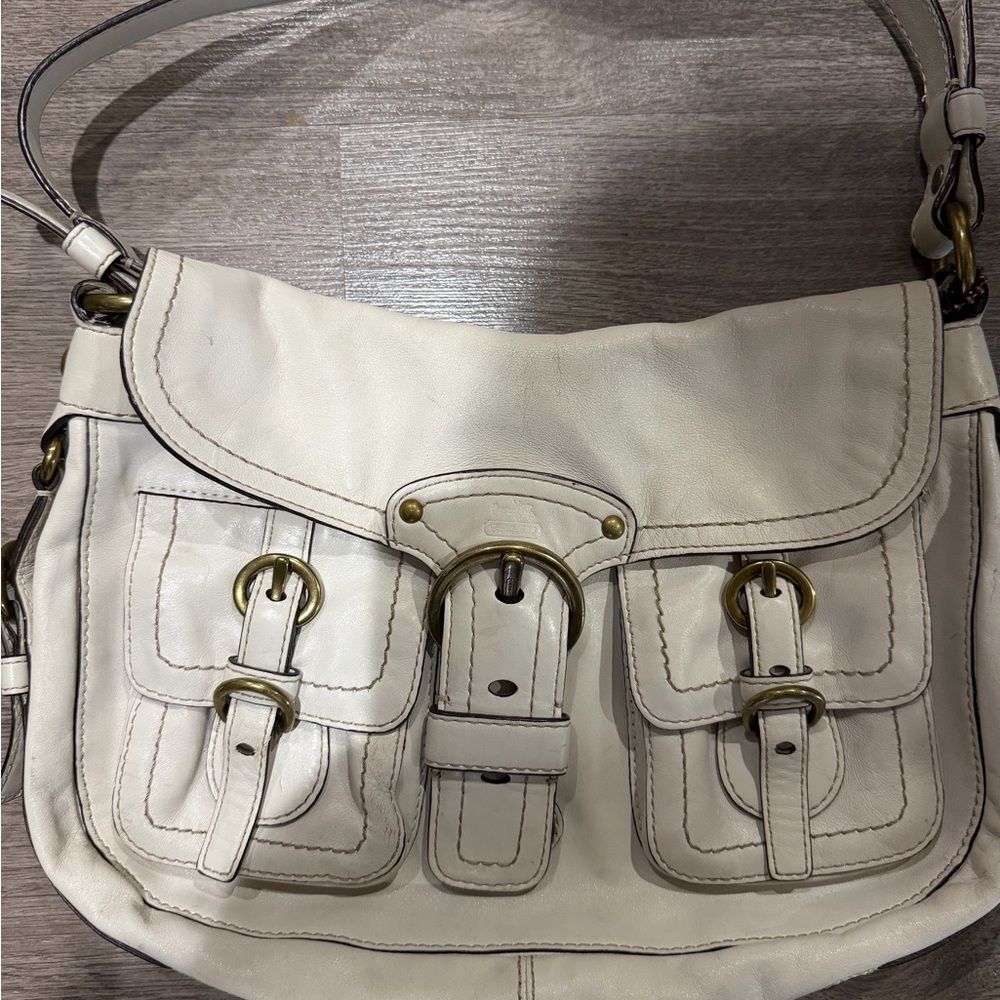Coach Cream Leather Shoulder Bag with Buckle Accents